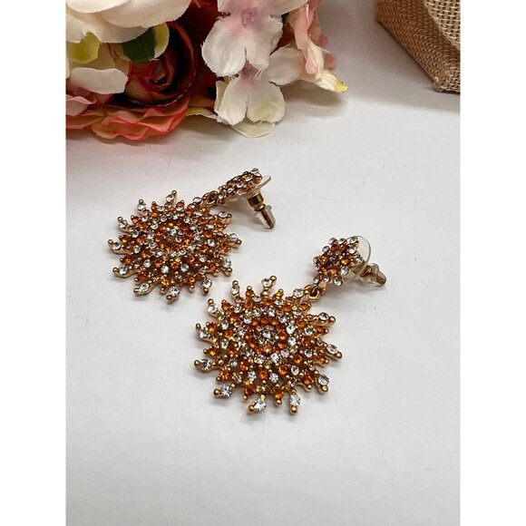 Pierced Earrings 2" Long Fiery Sun Burst and Gold Plated Stunning Earrings - Picture 9 of 10